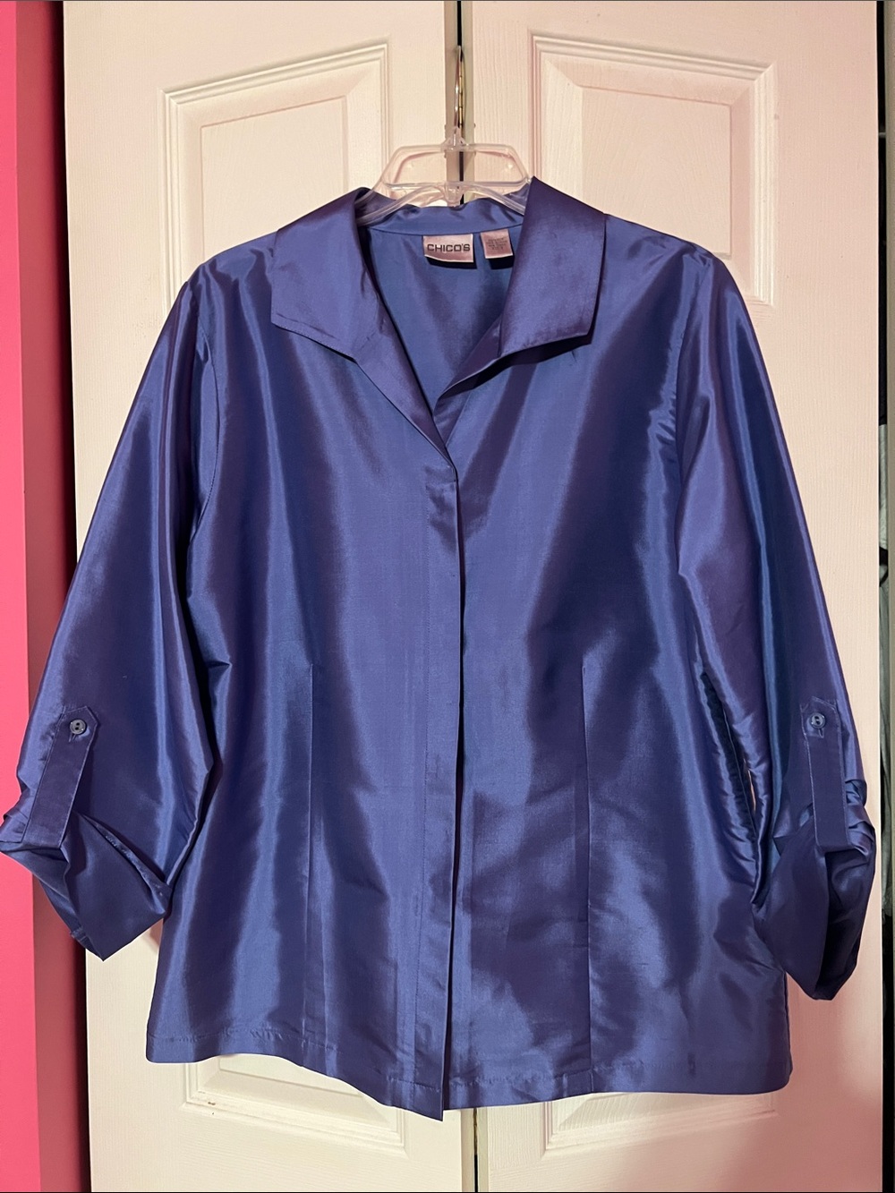 Chico's 💯 SILK Satin-Look Cobalt Blue Button-Front Size 3